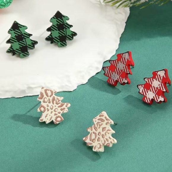 3 Pairs of Christmas Tree Stud Earrings Acrylic Green Black Plaid Buffalo - Picture 2 of 6